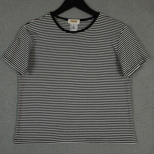 Vintage Talbots Shirt Womens MP Black White Striped Crew Neck Tee Casual FLAW